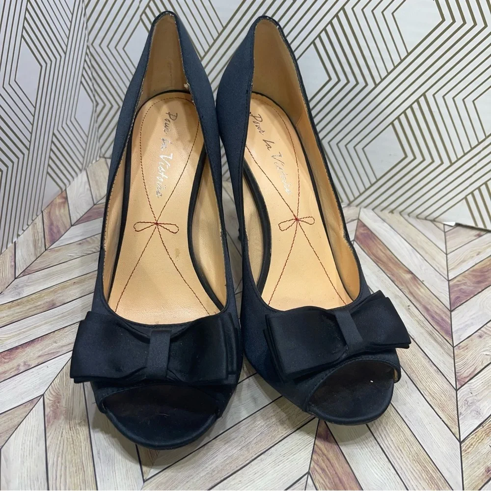 Black Satin Peep-toe Heels/Stilettos Pour La Victoire Size‎ 7M sb